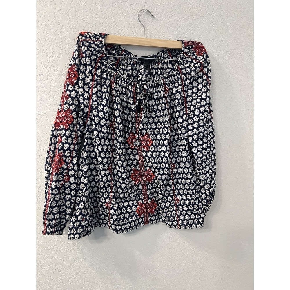 J Crew Women Sz 4P Boho Peasant Navy Red Floral Top Blouse Shirt Embroidered